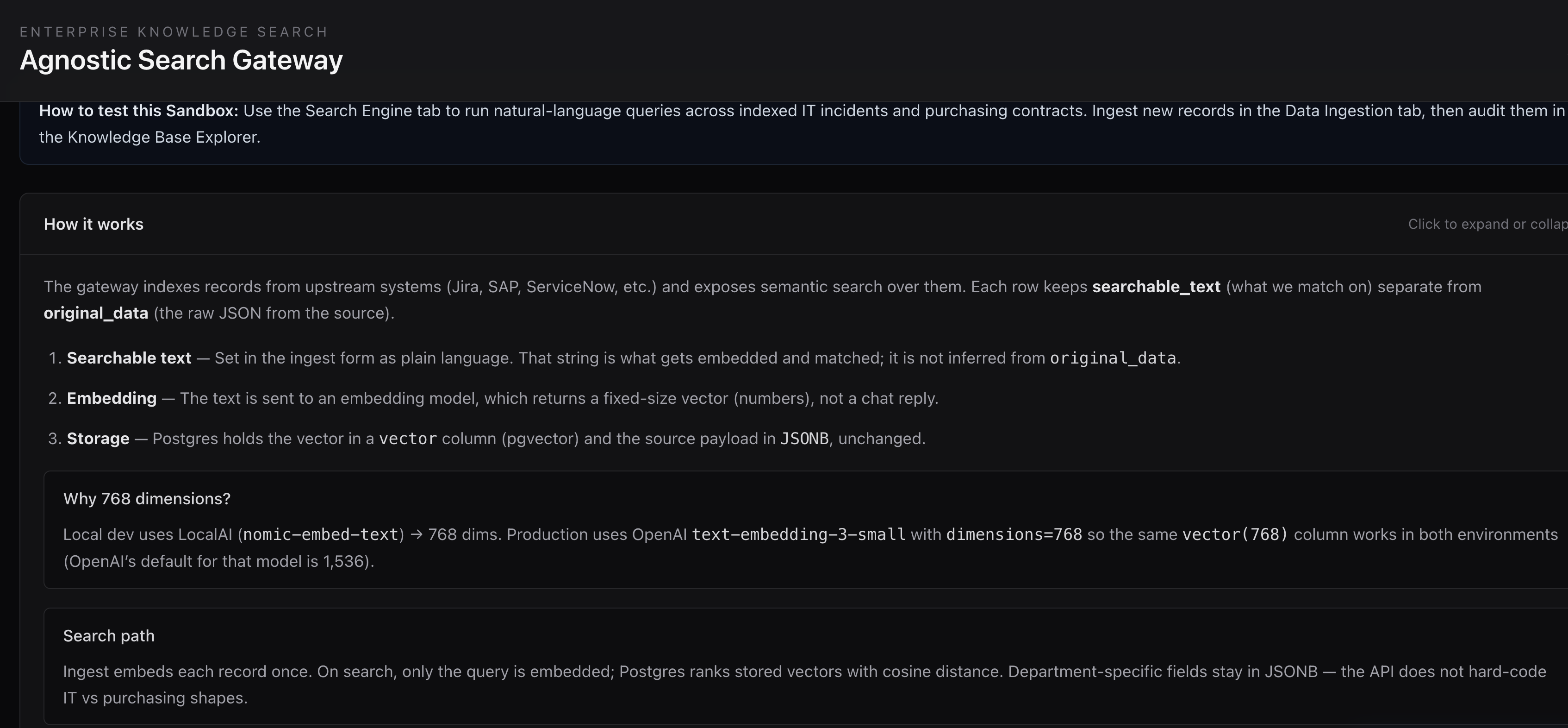 Agnostic Search Gateway how it works section explaining semantic search and ingestion