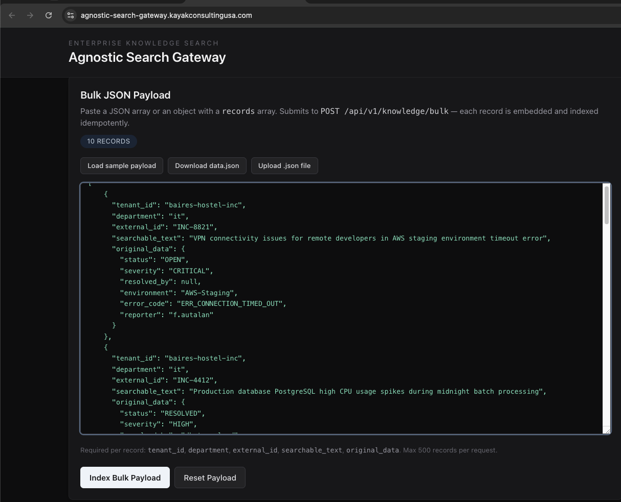 Agnostic Search Gateway data ingestion workspace for bulk and single-record ingest
