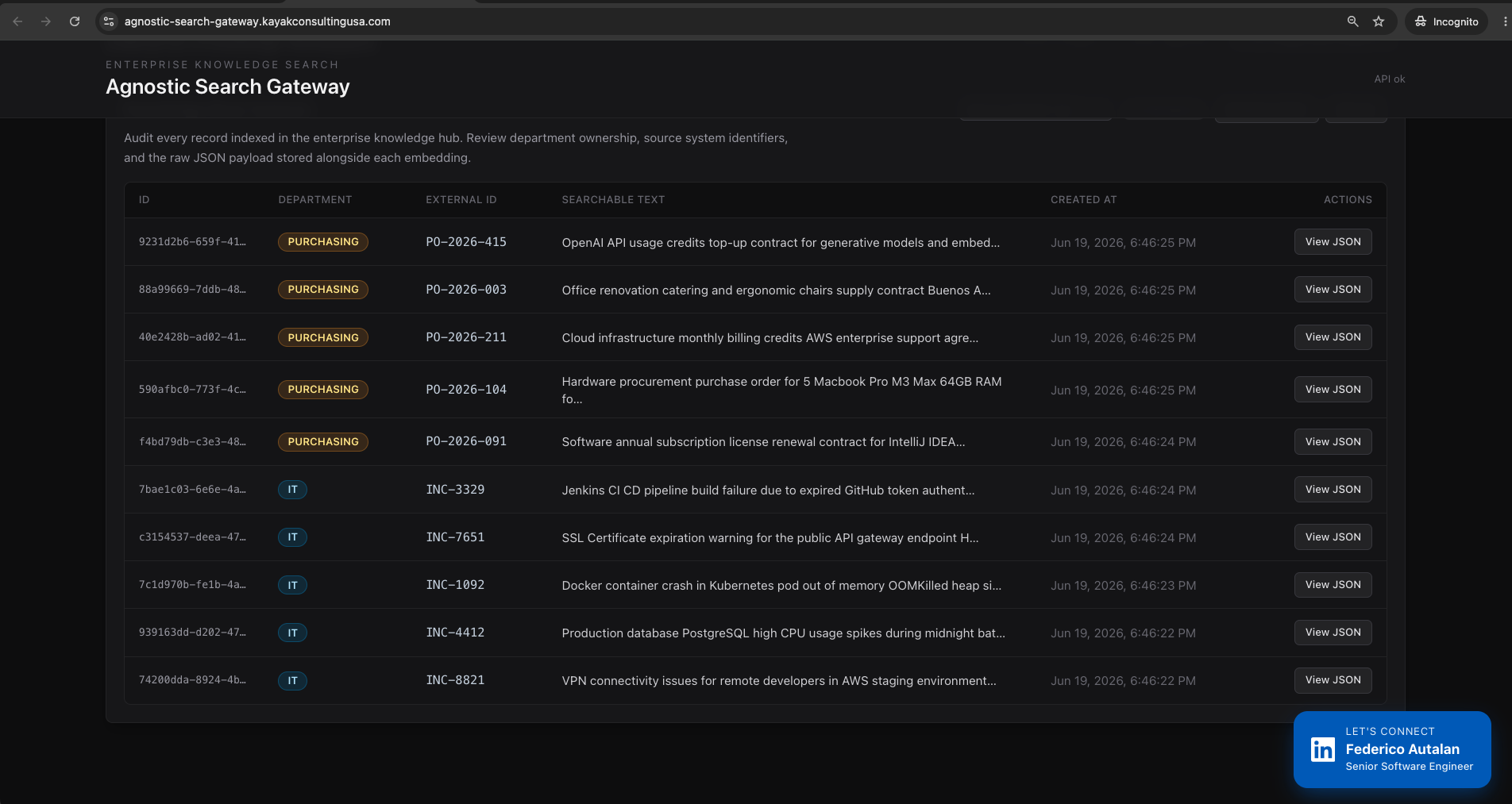 Agnostic Search Gateway knowledge base explorer showing stored records and payloads