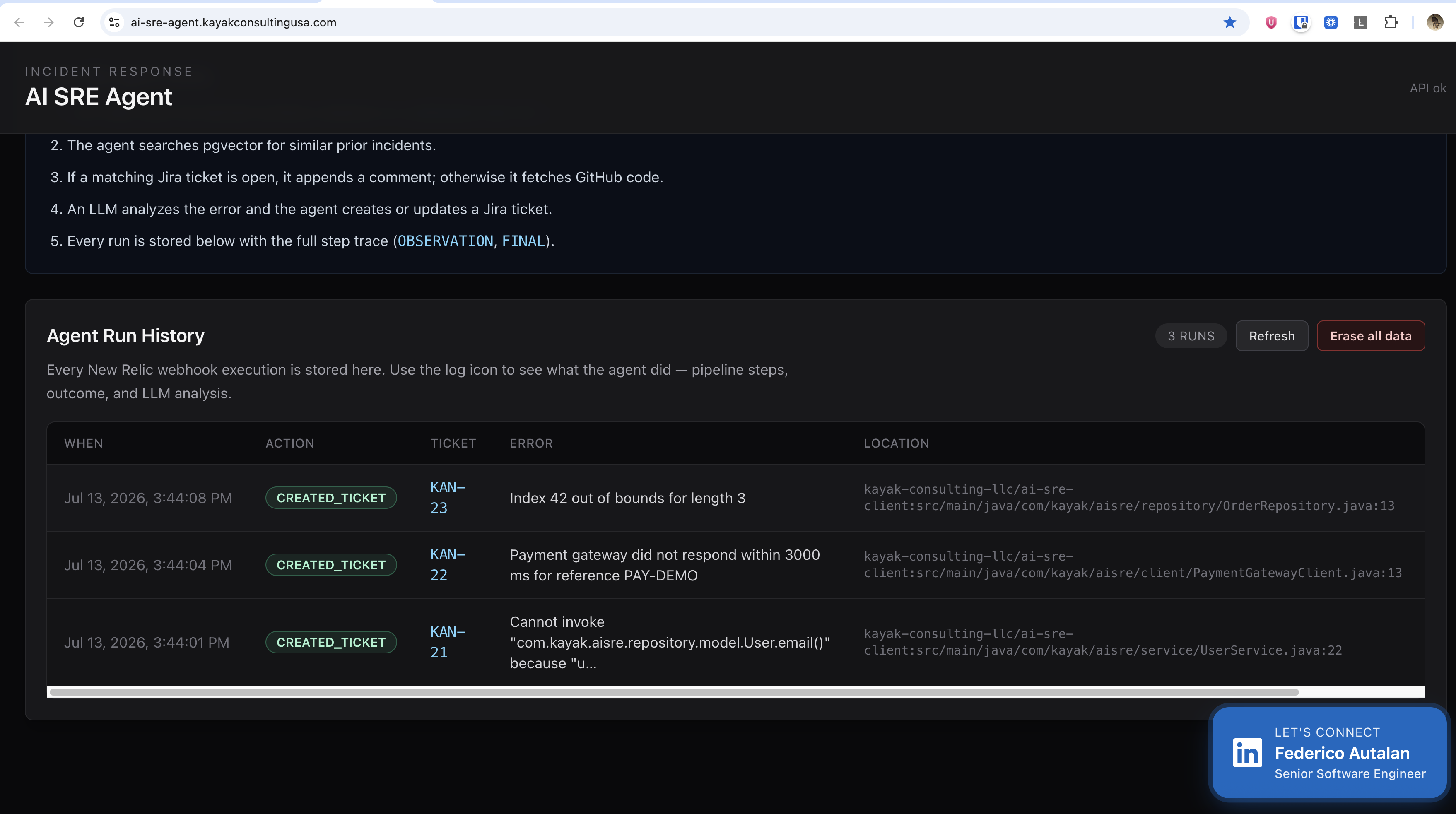 AI SRE Agent run explorer with pipeline log and LLM analysis