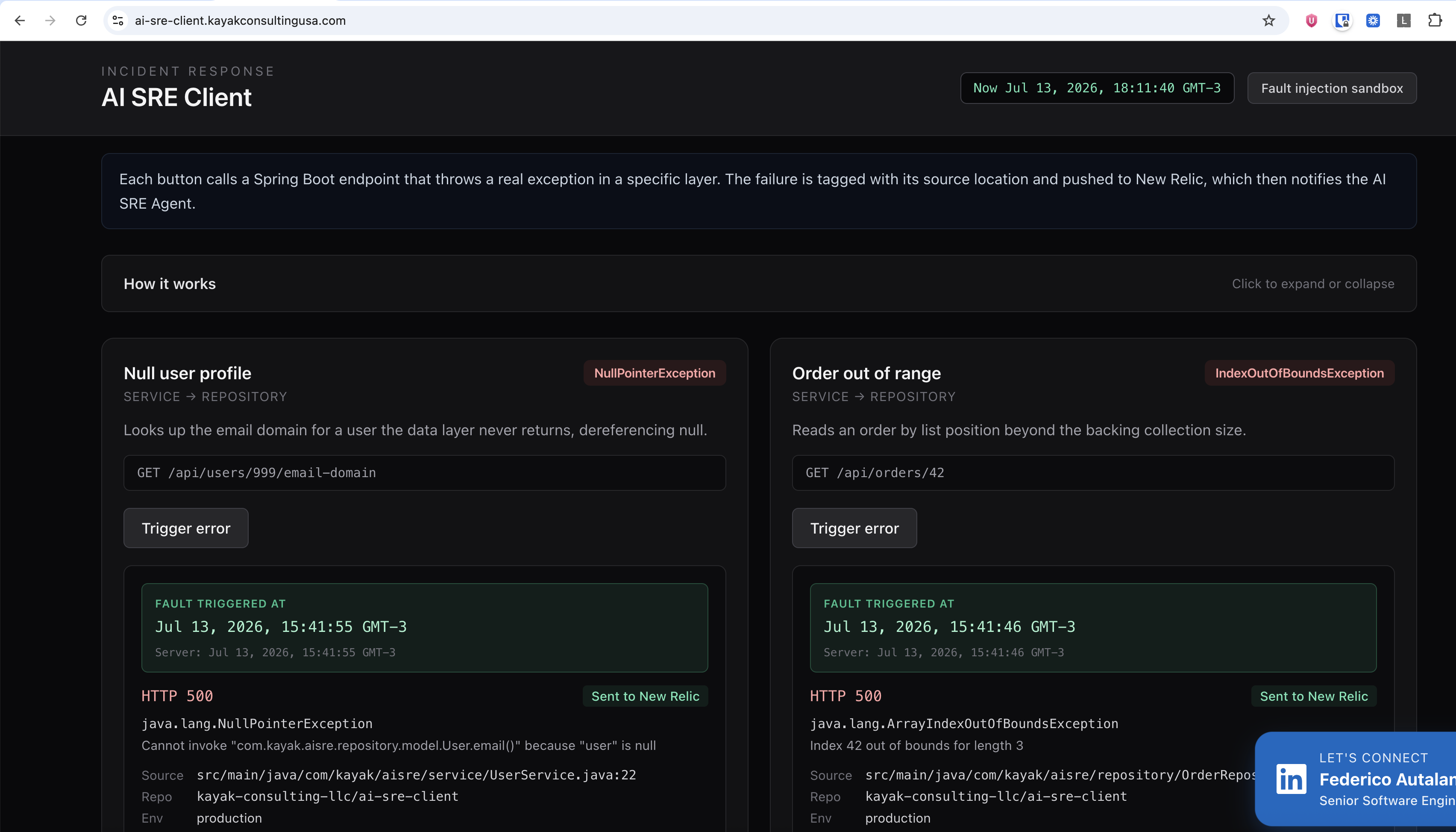 AI SRE Client fault sandbox after triggering NPE and out-of-range errors
