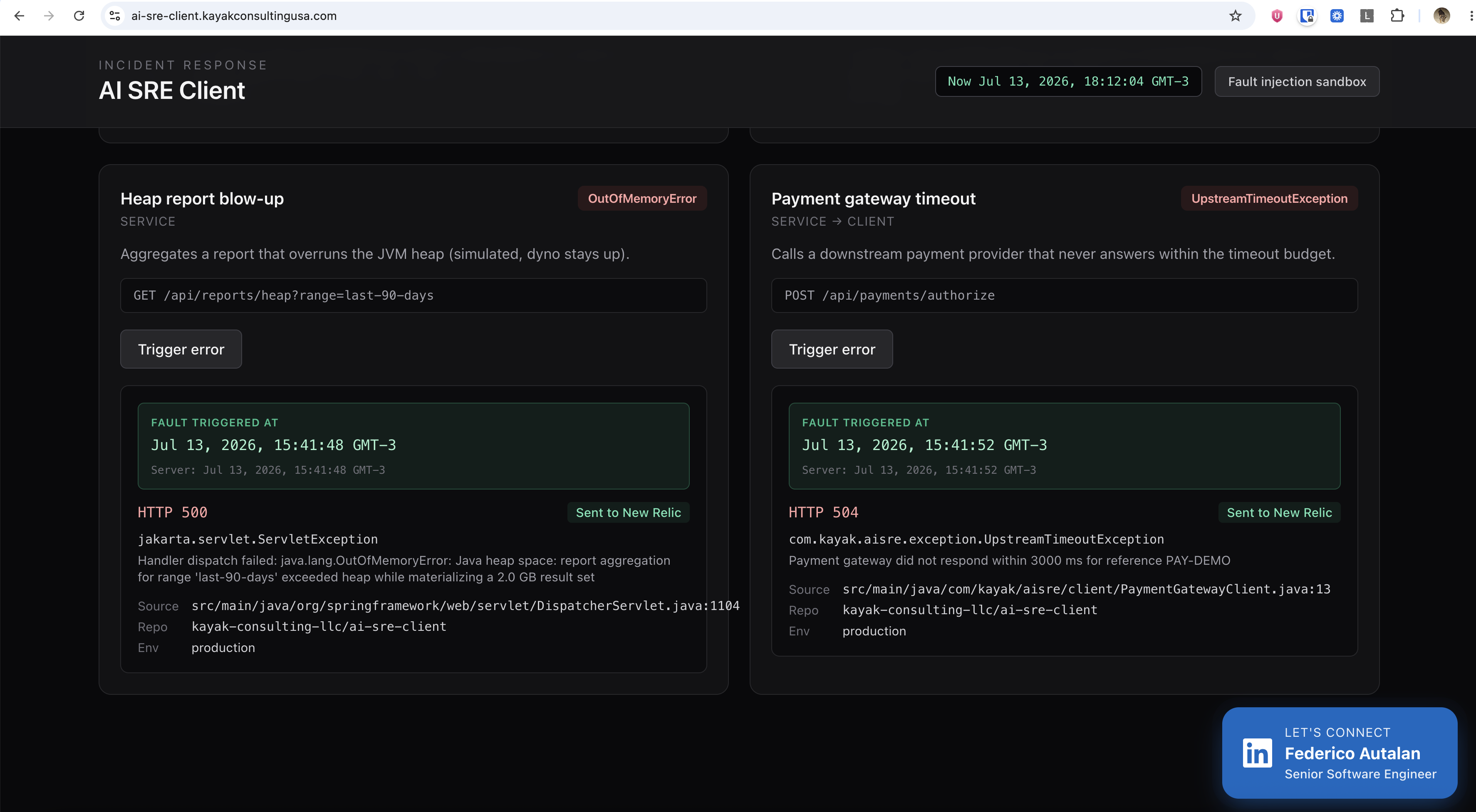 AI SRE Client with additional production-like failure scenarios triggered