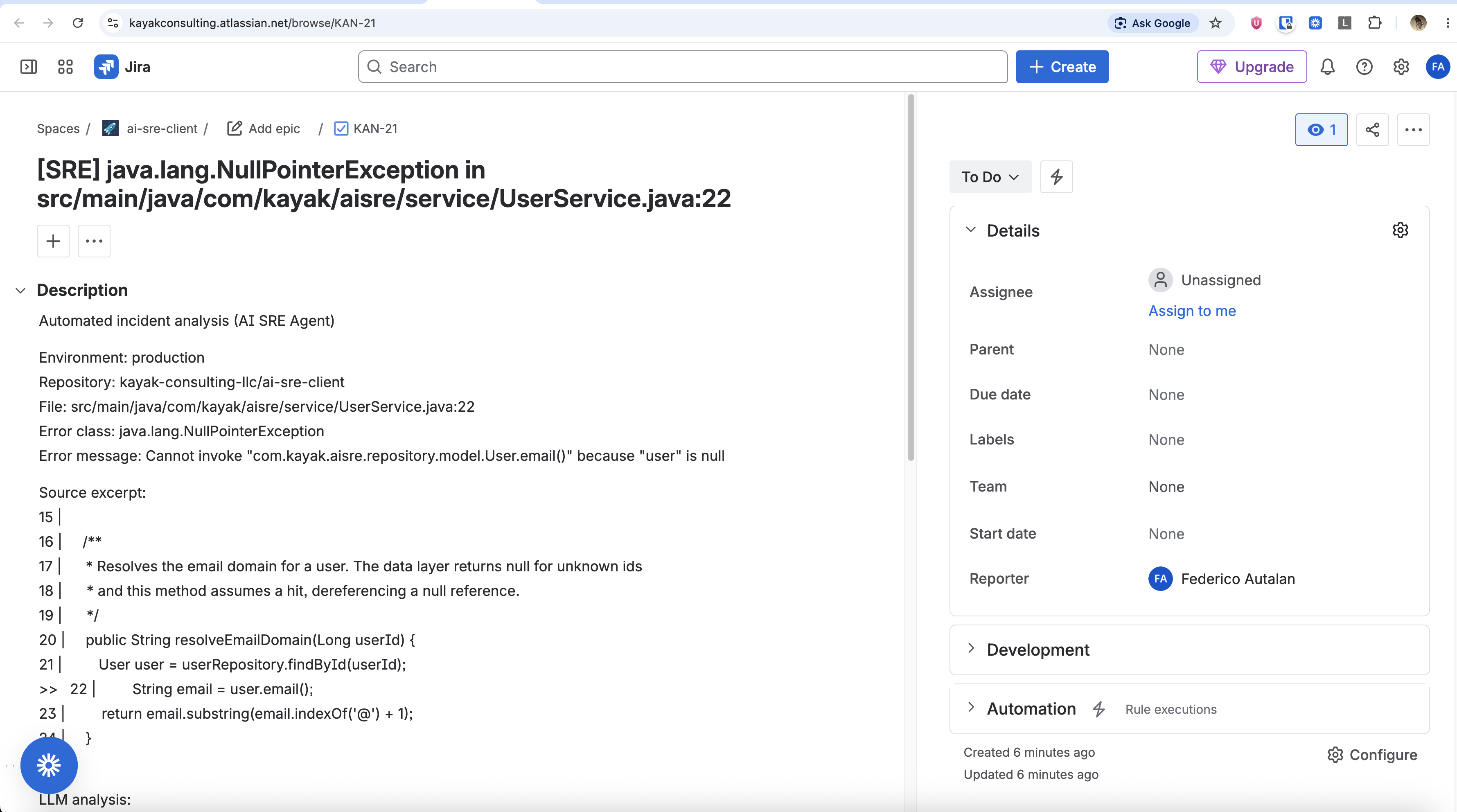 Jira ticket with root cause, file, and line so the dev does not start from scratch
