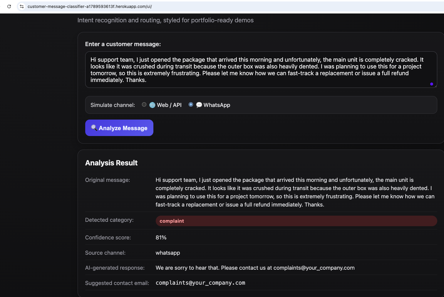 Classifier demo: damaged product message routed as complaint