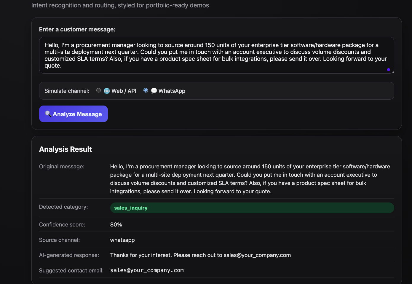 Classifier demo: bulk procurement inquiry routed as sales