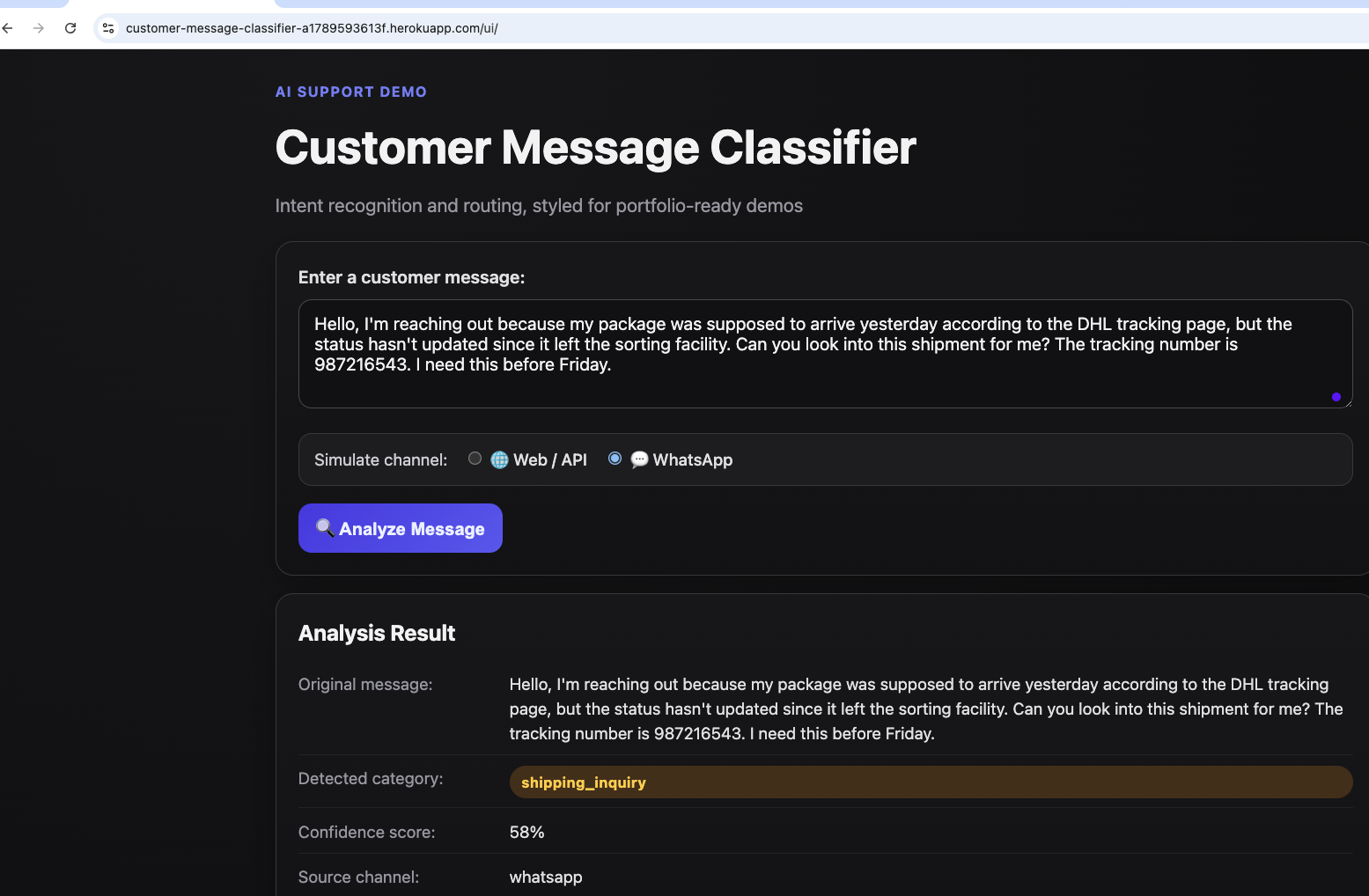 Classifier demo: DHL tracking delay routed as shipping inquiry