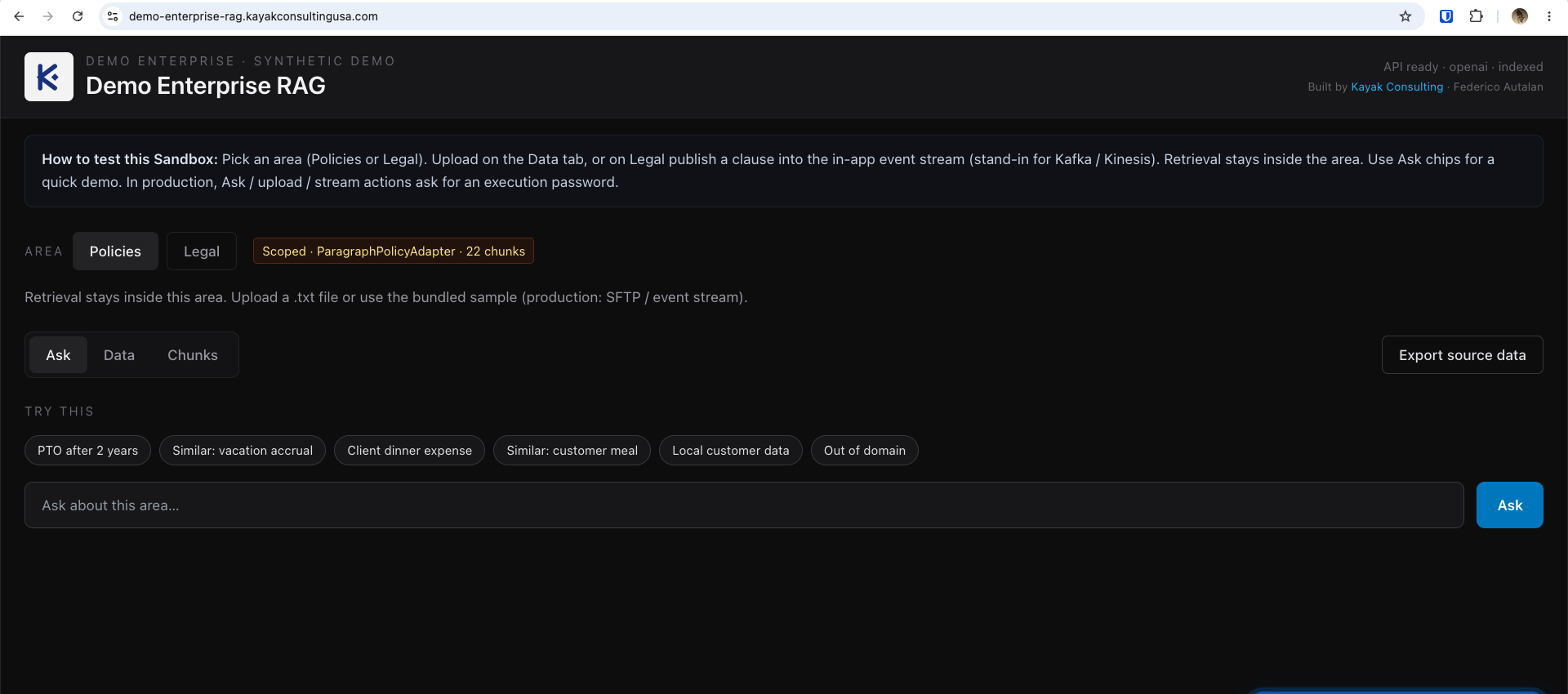 Demo Enterprise RAG main screen with area selector, Ask console, and demo chips