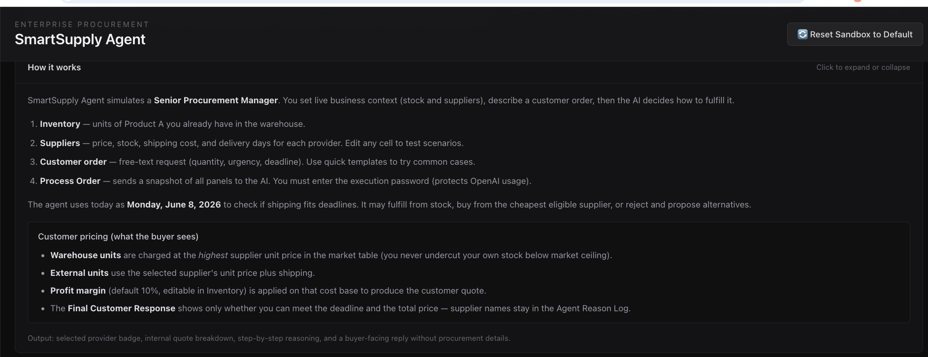 SmartSupply Agent dashboard overview with inventory and order terminal